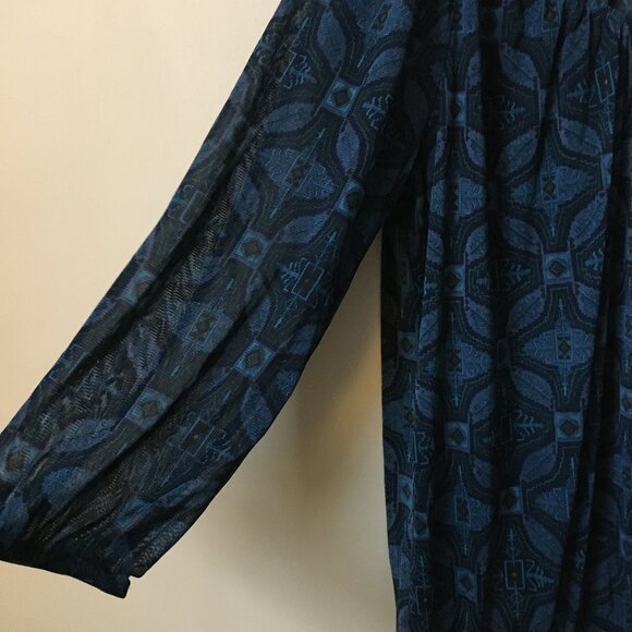 Moody Blue Semi Sheer V-neck Tribal Boho Blouse - Picture 5 of 15